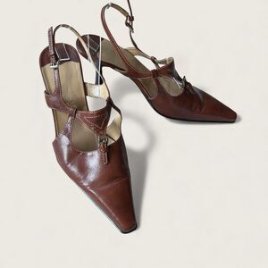 Y2k Vintage Franco Sarto Brown Leather Slingback Heels T-Strap Pointed Toe 7.5
